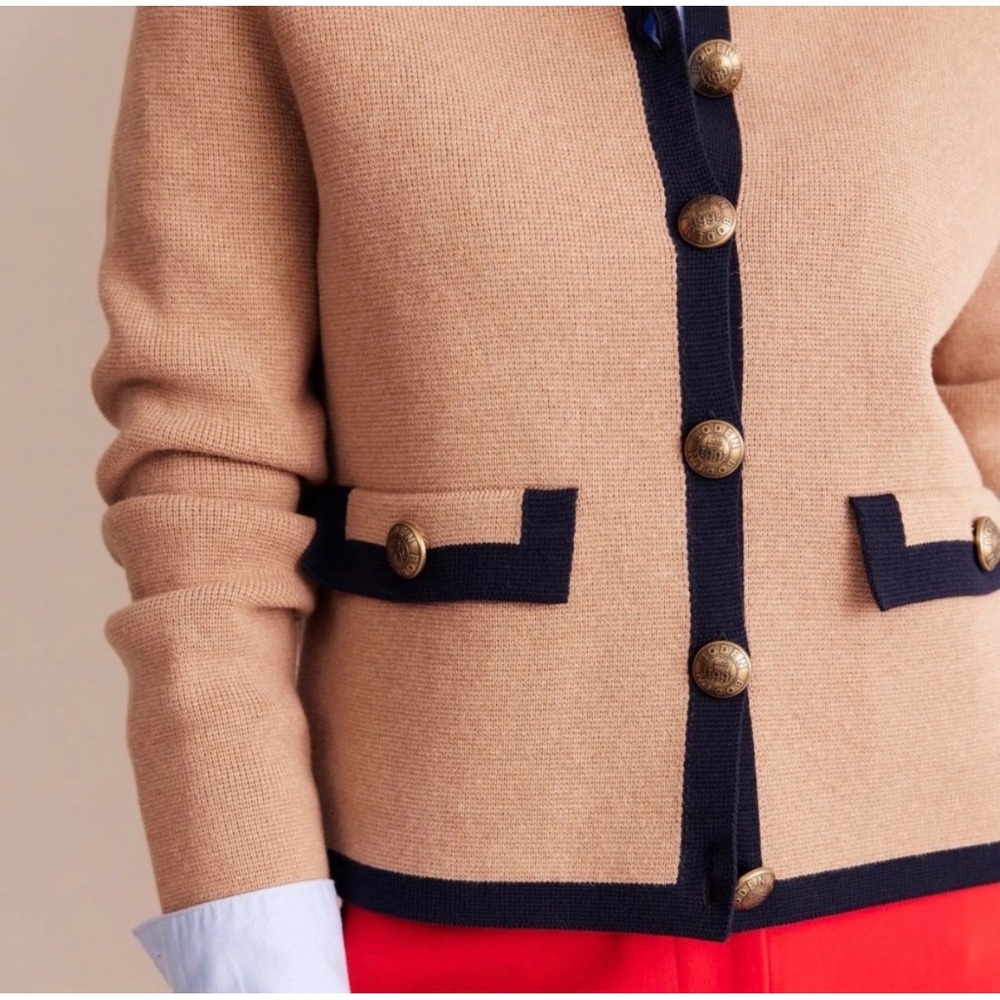 Boden Holly Knitted Jacket Camel Navy Blue Cardigan Sweater Preppy Womens US 10 - Picture 2 of 13